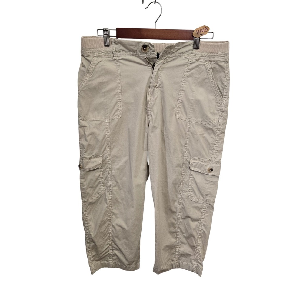 Deja Bleu Premium Khaki Cargo Capri Pants Tan Stretch Cotton Size 14 Cropped